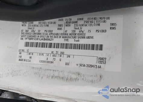 2020 Ford Transit-250 z USA, uszkodzony, nr VIN 1FTBR1C81LKB65621